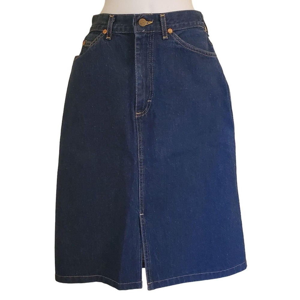Vintage Lee 5 Blue Jean Denim Skirt Front Slit High Waist Edgy Western Cowgirl